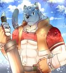  2017 abs anthro biceps clothed clothing feline fur grimoire_of_zero male mammal melee_weapon mercenary_(character) muscular muscular_male rabbitdx26 sword tiger weapon white_fur 