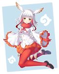  black_footwear blue_background blush breasts eyebrows_visible_through_hair frilled_sleeves frills from_side full_body gloves head_tilt head_wings highres japanese_crested_ibis_(kemono_friends) japari_symbol kemono_friends kuta_(shi_cai) legs_up long_hair long_sleeves looking_at_viewer mary_janes medium_breasts multicolored_hair open_mouth orange_skirt pantyhose pleated_skirt red_gloves red_hair red_legwear shirt shoes skirt solo two-tone_hair white_hair white_shirt wide_sleeves yellow_eyes 