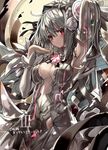  arm_up armpits bangs blush breasts center_opening clockwork_planet closed_mouth commentary_request cowboy_shot detached_sleeves hair_ornament long_hair long_sleeves looking_at_viewer medium_breasts midriff red_eyes ryuzu_(clockwork_planet) shino_(eefy) silver_dress silver_hair solo 