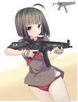  ahoge bangs blunt_bangs bonkiru brown_eyes brown_gloves brown_hair brown_shirt buruma closed_mouth cowboy_shot eyebrows_visible_through_hair gloves gun h&amp;k_mp5 heckler_&amp;_koch holding holding_gun holding_weapon kerchief looking_at_viewer mp5_(upotte!!) school_uniform serafuku shiny shiny_hair shirt short_hair short_sleeves solo standing submachine_gun trigger_discipline underwear upotte!! weapon 