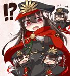  1girl 3boys belt black_hair blush brother_and_sister cape chibi closed_eyes family_crest fate/grand_order fate_(series) highres hug jako_(jakoo21) long_hair looking_at_another multiple_boys multiple_girls oda_nobukatsu_(fate/grand_order) oda_nobunaga_(fate) oda_uri open_mouth red_cape red_eyes siblings smile translation_request 