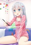  bangs bedroom blue_eyes blush bow collarbone commentary_request covering covering_crotch eromanga_sensei eyebrows_visible_through_hair grey_hair hair_between_eyes hair_bow holding indoors izumi_sagiri long_hair open_mouth pajamas pink_bow piripun silver_hair sitting solo stylus table tears thighs wariza 