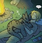  ... ambiguous_gender backpack bed blonde_hair blush campfire clothed clothing coal_(rakkuguy) cute eyes_closed fire fully_clothed hair human kobold male mammal melee_weapon nude pillow rakkuguy size_difference sleeping stump sword weapon 