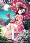  animal_ears black_hair blush bow cat_ears cat_tail character_request commentary eyebrows_visible_through_hair hair_bow japanese_clothes kimono kneehighs looking_at_viewer open_mouth parasol pink_kimono qurare_magic_library red_bow red_eyes sandals shoonia short_hair smile solo tail tail_bow teeth umbrella white_legwear 