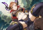  1girl bangs black_legwear blush breasts brown_hair cameltoe cape closed_mouth commentary_request day dutch_angle erect_nipples forest gloves gran_(granblue_fantasy) granblue_fantasy green_eyes hair_ornament head_wings heart high_heels large_breasts long_hair looking_at_viewer midriff mikurou_(nayuta) nature navel outdoors short_shorts shorts sitting smile solo_focus song_(granblue_fantasy) spoken_heart spread_legs squatting thighhighs thighs white_gloves 