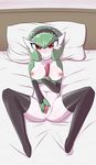  1girl absurdres anus artist_request bed black_legwear blush breasts gardevoir green_hair highres looking_at_viewer maid maid_headdress navel nipples no_humans pillow pokemon pokemon_(creature) presenting pussy red_eyes smile solo spread_legs spread_pussy thighhighs uncensored 