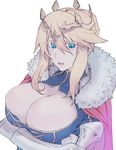  absurdres artoria_pendragon_(all) artoria_pendragon_(lancer) blonde_hair blue_eyes blush breast_hold breasts cape cleavage colored_eyelashes crossed_arms fate/grand_order fate_(series) fur_trim gauntlets hair_between_eyes hair_bun hair_ornament highres huge_breasts kujuu_shikuro open_mouth simple_background solo sweatdrop white_background 