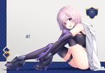  :d black_gloves black_legwear boots breasts elbow_gloves fate/grand_order fate_(series) from_side glint gloves high_heel_boots high_heels hood hooded_jacket hoodie jacket jacket_on_shoulders large_breasts leg_hug leotard looking_at_viewer mash_kyrielight masuishi_kinoto open_mouth pink_hair purple_eyes short_hair sitting smile solo thigh_strap thighhighs 