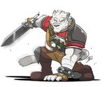  2017 anthro biceps clothed clothing feline fur grimoire_of_zero hikazedragon male mammal melee_weapon mercenary_(character) muscular muscular_male sword tiger weapon white_fur 