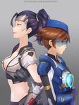  alternate_costume alternate_skin_color atobesakunolove back-to-back beret breasts brown_hair cadet_oxton cleavage goggles goggles_on_head hair_pulled_back hat highres medium_breasts midriff multiple_girls navel overwatch ponytail purple_hair talon_widowmaker tracer_(overwatch) widowmaker_(overwatch) 