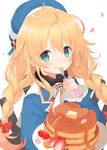  alternate_hairstyle atago_(kantai_collection) beret blonde_hair blue_eyes braid cherry eating food food_on_face fork fork_in_mouth fruit hat highres holding holding_fork holding_plate kagerou_(shadowmage) kantai_collection long_hair long_sleeves military military_uniform pancake petals plate simple_background single_braid smile solo strawberry uniform white_background younger 