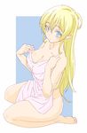  absurdres bare_legs bare_shoulders barefoot blonde_hair blue_eyes breasts cleavage covering donguri_suzume hair_between_eyes highres large_breasts long_hair nude_cover original pink_towel pointy_ears seiza simple_background sitting solo towel 