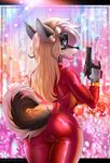  5_fingers black_nose blonde_hair camel_toes canine dog fur grey_fur gun hair holding_object holding_weapon mammal open_mouth ranged_weapon sorafoxyteils teeth weapon 