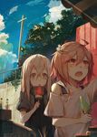  ahoge blonde_hair blue_eyes cloud commentary_request day eating food food_in_mouth hair_ornament i-58_(kantai_collection) jar kantai_collection kashii_(amoranorem) long_hair multiple_girls off_shoulder open_mouth outdoors pink_eyes pink_hair popsicle railing ramune short_hair sky tree u-511_(kantai_collection) watermelon_bar 