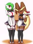  2girls animal_ears apron artist_request black_bow black_legwear blush bow breastless_clothes breasts bunny bunny_ears drinking_glass embarrassed furry gardevoir garter_belt garter_straps garters green_hair large_breasts looking_at_viewer lopunny maid multiple_girls nipples no_humans no_panties pokemon pokemon_(creature) pussy red_eyes simple_background small_breasts sweat sweatdrop thighhighs tray uncensored waist_apron waitress wine_glass 
