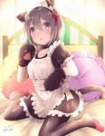  animal_ear_fluff animal_ears apron backlighting bangs black_legwear blue_eyes blush cat_ears chita_(ketchup) fake_animal_ears frilled_apron frilled_pillow frilled_sleeves frills grey_hair hair_between_eyes highres indoors light_rays looking_at_viewer maid maid_headdress on_bed original pantyhose parted_lips pillow pink_footwear puffy_short_sleeves puffy_sleeves shoes short_hair short_sleeves signature solo sunbeam sunlight twitter_username 