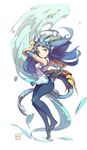  black_hair blue blue_eyes blue_legwear chinese_clothes dragon dragon_tail floating_hair from_side full_body gauntlets highres horns karin_(p&amp;d) long_hair no_shoes pantyhose parted_lips puzzle_&amp;_dragons revision sleeveless solo tail tennohi water weapon white_background 