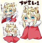  ahoge artoria_pendragon_(all) artoria_pendragon_(lancer) blonde_hair blue_eyes blush cape chocolate closed_eyes eating eyebrows_visible_through_hair fate/grand_order fate_(series) heart highres jako_(jakoo21) looking_at_viewer pouty_lips red_cape smile solo text_focus translated 