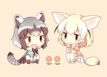  2girls :&gt; :3 animal_ears bad_id bad_pixiv_id between_legs black_footwear black_hair black_legwear black_ribbon black_skirt blonde_hair blue_shirt blush brown_eyes brown_hair chibi chin_rest common_raccoon_(kemono_friends) eyebrows_visible_through_hair fang fennec_(kemono_friends) flower fox_ears fox_tail full_body fur_collar fur_trim gloves gradient_hair gradient_legwear grey_hair hand_between_legs hand_on_own_knee jitome kemono_friends kneehighs konno_(pixiv_23416142) leaf legs_together looking_at_viewer looking_down multicolored multicolored_clothes multicolored_hair multicolored_legwear multiple_girls neck_ribbon no_nose open_mouth pink_background pink_sweater pleated_skirt puffy_short_sleeves puffy_sleeves raccoon_ears raccoon_tail red_flower ribbon shirt short_hair short_sleeve_sweater short_sleeves simple_background sitting skirt smile socks socks_over_pantyhose squatting striped_tail sweater tail two-tone_legwear v-shaped_eyebrows white_footwear white_gloves white_hair white_legwear white_skirt yellow_legwear yellow_ribbon 