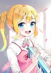  blonde_hair blue_eyes blush bow dated eyebrows_visible_through_hair highres instrument keyboard_(instrument) looking_at_viewer melodica miyazono_kawori open_mouth pink_bow pink_ribbon ponytail ribbon shigatsu_wa_kimi_no_uso shoonia signature smile solo teeth 