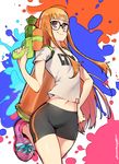  ahoge artist_name bangs bike_shorts black-framed_eyewear blunt_bangs cosplay cowboy_shot eyebrows_visible_through_hair glasses hand_on_hip hand_up highres holding ink_tank_(splatoon) inkling inkling_(cosplay) kenshin187 leg_up lips long_hair look-alike looking_at_viewer midriff multicolored multicolored_background navel orange_hair paint_splatter persona persona_5 pink_footwear purple_eyes sakura_futaba shirt shoes short_sleeves sidelocks signature smile solo splatoon_(series) splatoon_1 splattershot_(splatoon) standing standing_on_one_leg stomach t-shirt trait_connection water_gun 