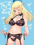  ;d ass_visible_through_thighs atago_(kantai_collection) black_bra black_legwear black_panties blonde_hair blue_background bouncing_breasts bra breasts cleavage cowboy_shot detached_collar garter_belt green_eyes hat highres kantai_collection large_breasts long_hair looking_at_viewer navel nipples one_eye_closed open_mouth outstretched_hand panties see-through side-tie_panties simple_background smile solo strap_gap string_panties suga_saru thighhighs underwear underwear_only untying 