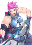  armband armor armored_boots belt biceps blue_gloves boots bracer breasts clothes_writing cowboy_shot elbow_pads energy_gun gauntlets gloves gravity_gun green_eyes gun holding holding_gun holding_weapon huge_weapon ken19941028 large_breasts looking_at_viewer muscle muscular_female nose open_mouth overwatch pants pink_hair scar scar_across_eye short_hair simple_background sleeveless solo standing teeth weapon white_background zarya_(overwatch) 