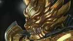  armor close-up garo garo_(series) gold_armor gold_trim helmet high_collar isaac_(wkx2360) male_focus orange_eyes pauldrons solo tokusatsu 