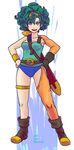  asymmetrical_clothes blue_eyes blue_leotard boots breasts circlet curly_hair dragon_quest dragon_quest_iv earrings english gloves green_hair heroine_(dq4) jewelry leotard medium_breasts open_mouth short_hair smile solo sword weapon yuuna_(alexi) 