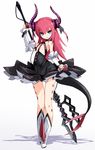  armpits black_dress boots dragon_girl dragon_tail dress elizabeth_bathory_(fate) elizabeth_bathory_(fate)_(all) fate/extra fate/grand_order fate_(series) flat_chest frills full_body green_eyes highres horns karukan_(monjya) long_hair looking_at_viewer polearm red_hair sarkany_csont_landzsa shadow smile solo spear standing tail thigh_gap weapon white_background white_footwear wrist_cuffs 