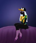  2017 astraldog black_skin blue_eyes bottomless clothed clothing daffy_duck duck_dodgers female gradient_background hair hat legwear long_hair looking_at_viewer looney_tunes not_furry queen queen_tyr&#039;ahnee royalty simple_background sitting socks solo warner_brothers white_hair 