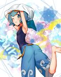  arms_up barefoot blue_eyes blue_hair capri_pants character_name goggles goggles_on_head kanimaru looking_at_viewer one_eye_closed pants pokemon pokemon_(game) pokemon_sm school_swimsuit short_hair shorts standing standing_on_one_leg suiren_(pokemon) swimsuit 