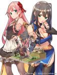  2girls apron aqua_eyes armpits baffu bare_shoulders black_dress blue_skirt breasts brown_hair character_request cleavage_cutout commentary_request contrapposto cover cowboy_shot crop_top detached_sleeves dragon dress game_playing_role giantess green_eyes hair_between_eyes hair_ornament hands_on_hips highres index_finger_raised large_breasts leaning_forward lifting_person lips long_hair looking_at_viewer looking_down maid midriff multiple_girls official_art pantyhose pelvic_curtain pink_hair short_dress side_slit sidelocks skirt small_breasts standing thighhighs transparent_background waist_apron western_dragon zettai_ryouiki 