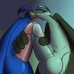  anthro balls beak blue_fur brown_fur clothed clothing duo erection feathers fur fuze hand_on_penis hi_res loonatics_unleashed looney_tunes male male/male nipples nude penis rev_runner tech_e_coyote topless warner_brothers 