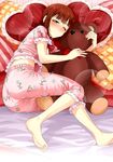  ;) amami_haruka ass bangs barefoot bed_sheet blunt_bangs blush brown_hair closed_mouth doll_hug feet floral_print frilled_pillow frills from_side green_eyes hair_ornament hairclip half-closed_eyes heart heart_pillow highres idolmaster idolmaster_(classic) lens_flare looking_at_viewer lying midriff nose_blush object_hug on_side one_eye_closed pajamas pillow revision ribbon short_hair sleepwear sleepy smile soles solo stuffed_animal stuffed_toy teddy_bear tsurui 