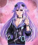  adult_neptune bracelet breasts cleavage collar collarbone cowboy_shot d-pad d-pad_hair_ornament hair_ornament holster hood hooded_jacket hoodie jacket jewelry jyu_ichi large_breasts long_hair long_sleeves looking_at_viewer neptune_(series) open_clothes open_jacket open_mouth pink_hair pose purple_eyes shin_jigen_game_neptune_vii smile solo thigh_holster usb w 