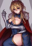  absurdres ahoge armor artoria_pendragon_(all) artoria_pendragon_(lancer) blonde_hair blue_legwear blush breast_hold breast_press breasts cape capelet cleavage cleavage_cutout covered_navel crown fate/grand_order fate_(series) fur_trim gauntlets green_eyes hair_between_eyes highres large_breasts likemuffins lips long_hair looking_at_viewer sidelocks solo thighhighs thighs 