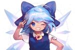  :d ;d ainy77 blue_dress blue_eyes blue_hair blue_ribbon bow cirno commentary dress flower grin hidden_star_in_four_seasons highres ice ice_wings one_eye_closed open_mouth red_bow ribbon short_hair short_sleeves smile solo tan tanned_cirno teeth touhou v wings 