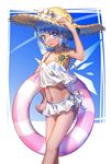  :d arm_up bangs bare_arms bare_legs bare_shoulders bikini bikini_skirt blue_background blue_bow blue_eyes blue_hair blue_sky blush bow breasts cirno cleavage collarbone commentary condensation_trail crop_top day eyebrows_visible_through_hair flower fox_(770205490) frilled_bikini frills hair_bow hand_on_headwear hat hat_flower hidden_star_in_four_seasons highres holding ice ice_wings innertube looking_at_viewer navel nose_blush open_mouth outdoors shiny shiny_skin shirt short_hair sky smile solo standing stomach straw_hat sunflower swimsuit tan tanned_cirno touhou white_background white_bikini white_flower white_shirt wings 