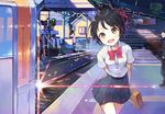  1girl :d arms_behind_back belt black_belt black_hair blue_skirt blush bow bowtie briefcase brown_eyes commentary diffraction_spikes eyebrows_visible_through_hair ground_vehicle hair_ribbon head_tilt kimi_no_na_wa leaning_forward looking_at_viewer miyamizu_mitsuha open_mouth pleated_skirt railroad_signal railroad_tracks red_bow red_neckwear red_ribbon ribbon shirt shoonia short_hair short_sleeves skirt smile tactile_paving train train_station walking white_shirt yellow_eyes 