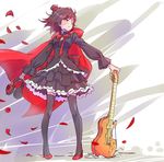  back_bow bow cape commentary_request dress electric_guitar eyepatch frilled_dress frilled_skirt frills guitar hat headphones high_heels iesupa instrument lolita_fashion mini_hat petals red_bow red_hair ruby_rose rwby skirt solo thighhighs wind 