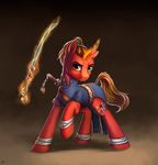  clothed clothing equine fan_character fur hi_res horn l1nkoln magic mammal melee_weapon my_little_pony red_fur simple_background smile sword unicorn weapon yellow_eyes 