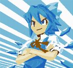  &gt;:) bangs bare_arms blue blue_bow blue_eyes blue_hair blue_shirt blue_wings bow brown_ribbon cirno closed_mouth collared_shirt detached_wings diamond_(shape) dithering fairy flat_chest game_console hair_between_eyes hair_bow ice ice_wings kaztah looking_away nes no_eyebrows pixel_art popped_collar puffy_short_sleeves puffy_sleeves ribbon ringed_eyes shirt short_hair short_sleeves smile solo standing touhou undershirt upper_body v-shaped_eyebrows white_shirt wind wings 
