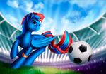  blue_feathers blue_hair cutie_mark day detailed_background equine fan_character feathered_wings feathers feral football_(disambiguation) grass hair hooves l1nkoln male mammal my_little_pony outside pegasus red_hair sky smile solo wings 