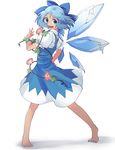  :d barefoot blue_bow blue_dress blue_eyes blue_hair bow cirno dress eyebrows eyebrows_visible_through_hair feet flower hair_bow hidden_star_in_four_seasons highres ice ice_wings leaf looking_at_viewer moriyama_ei open_mouth plant smile solo tan tanned_cirno teeth toes touhou v-shaped_eyebrows vines wings 