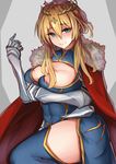  absurdres ahoge armor artoria_pendragon_(all) artoria_pendragon_(lancer) blonde_hair blue_legwear blush breast_hold breast_press breasts cape capelet cleavage cleavage_cutout covered_navel crown fate/grand_order fate_(series) fur_trim gauntlets green_eyes hair_between_eyes highres large_breasts likemuffins lips long_hair looking_at_viewer sidelocks solo thighhighs thighs 