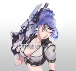  alternate_costume bad_id bad_pixiv_id breasts cleavage collarbone finger_on_trigger goggles goggles_on_head gradient gradient_background grey_background gun hair_pulled_back highres holding holding_gun holding_weapon kistina lips looking_at_viewer medium_breasts midriff navel nose overwatch ponytail purple_hair purple_lips rifle short_sleeves snowing solo talon_widowmaker upper_body weapon widowmaker_(overwatch) yellow_eyes 