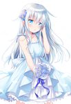  alternate_costume blue_dress blue_eyes bouquet commentary_request cowboy_shot dress flower hair_flower hair_ornament hand_in_hair hibiki_(kantai_collection) highres kantai_collection long_hair looking_at_viewer motohara_moka no_hat no_headwear silver_hair simple_background solo white_background 