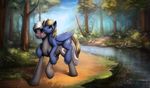  blonde_hair blue_eyes blue_feathers cutie_mark day detailed_background duo equine eyewear fan_character feathered_wings feathers forest glasses hair hi_res hooves l1nkoln mammal my_little_pony outside pegasus river smile standing tree wings 