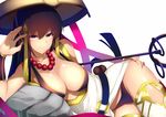  beads breasts brown_hair cleavage collarbone fate/grand_order fate_(series) jewelry large_breasts long_hair lying on_side panties pink_eyes prayer_beads ring saisarisu shakujou shiny shiny_skin simple_background solo staff thighs underwear white_background xuanzang_(fate/grand_order) 